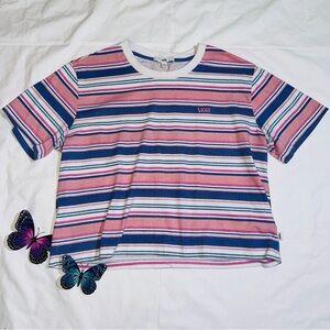 Vans T Shirt Wazzy Striped Cropped Tee Size Extra Large Pink Blue and White